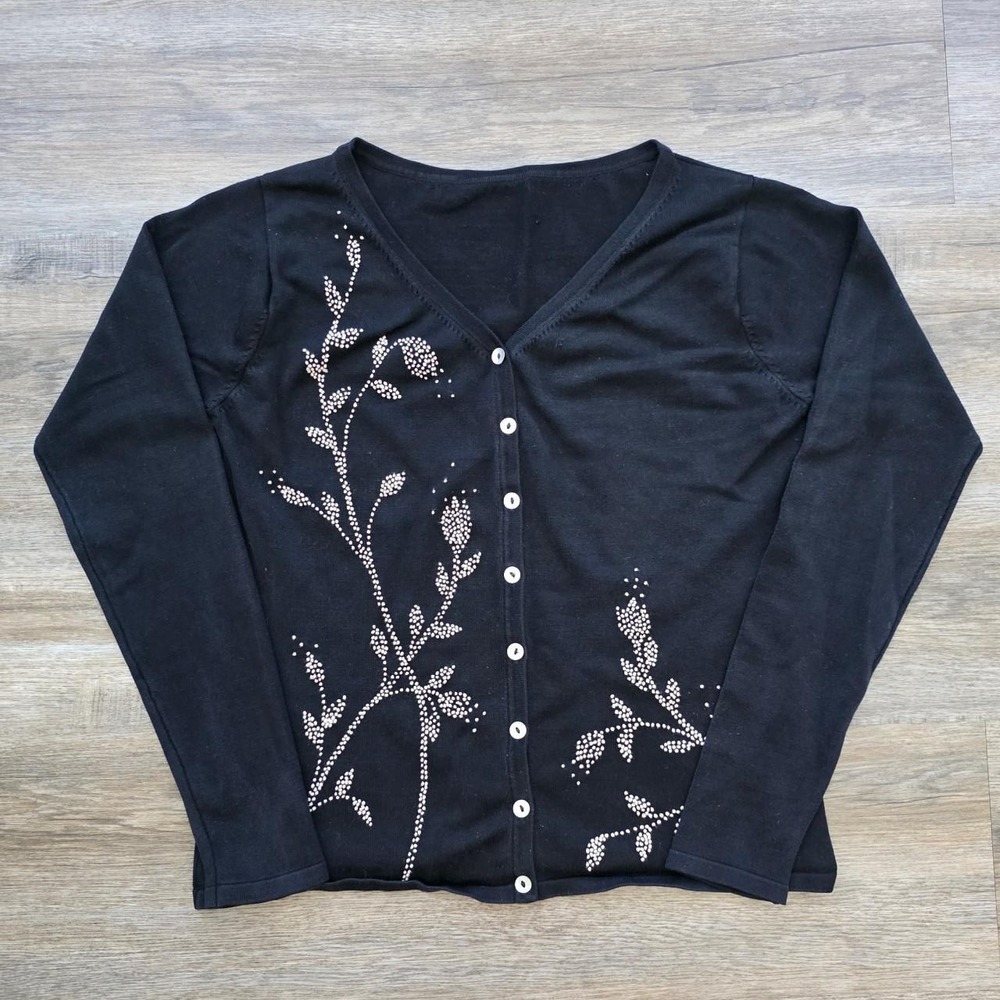 Vintage Dressbarn Floral Embroidered Cardigan Black Cotton Ramie Small